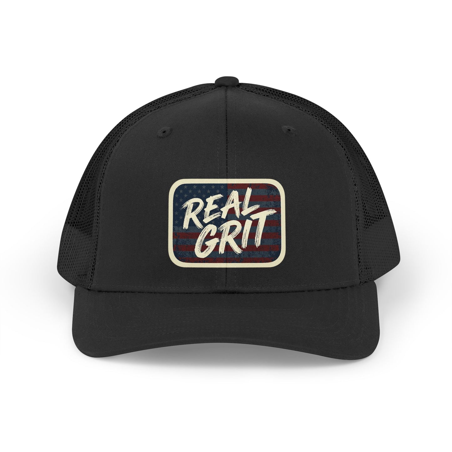 Real Grit Trucker Hat | American Flag Patch | Built. Not Born. | Mesh Snapback Cap